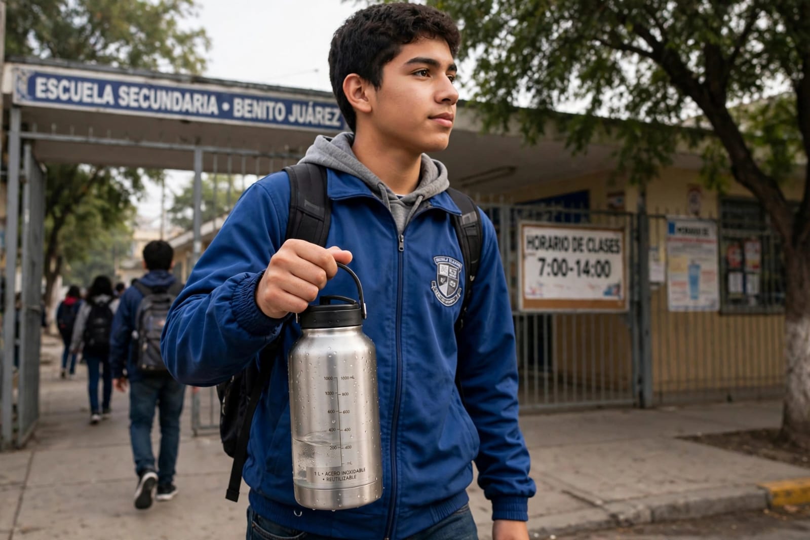 Estudiante sostiene su botella individual de agua purificada Nuvem camino a la escuela