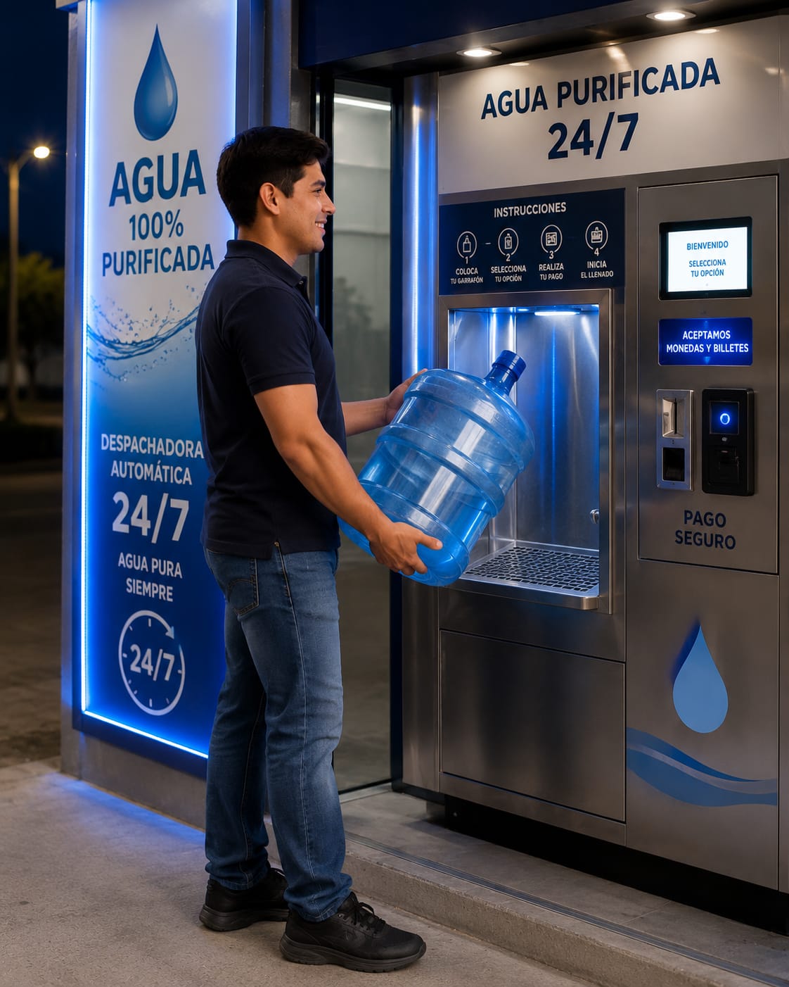 Hombre llenando un garrafón de agua purificada en una Estación Nuvem