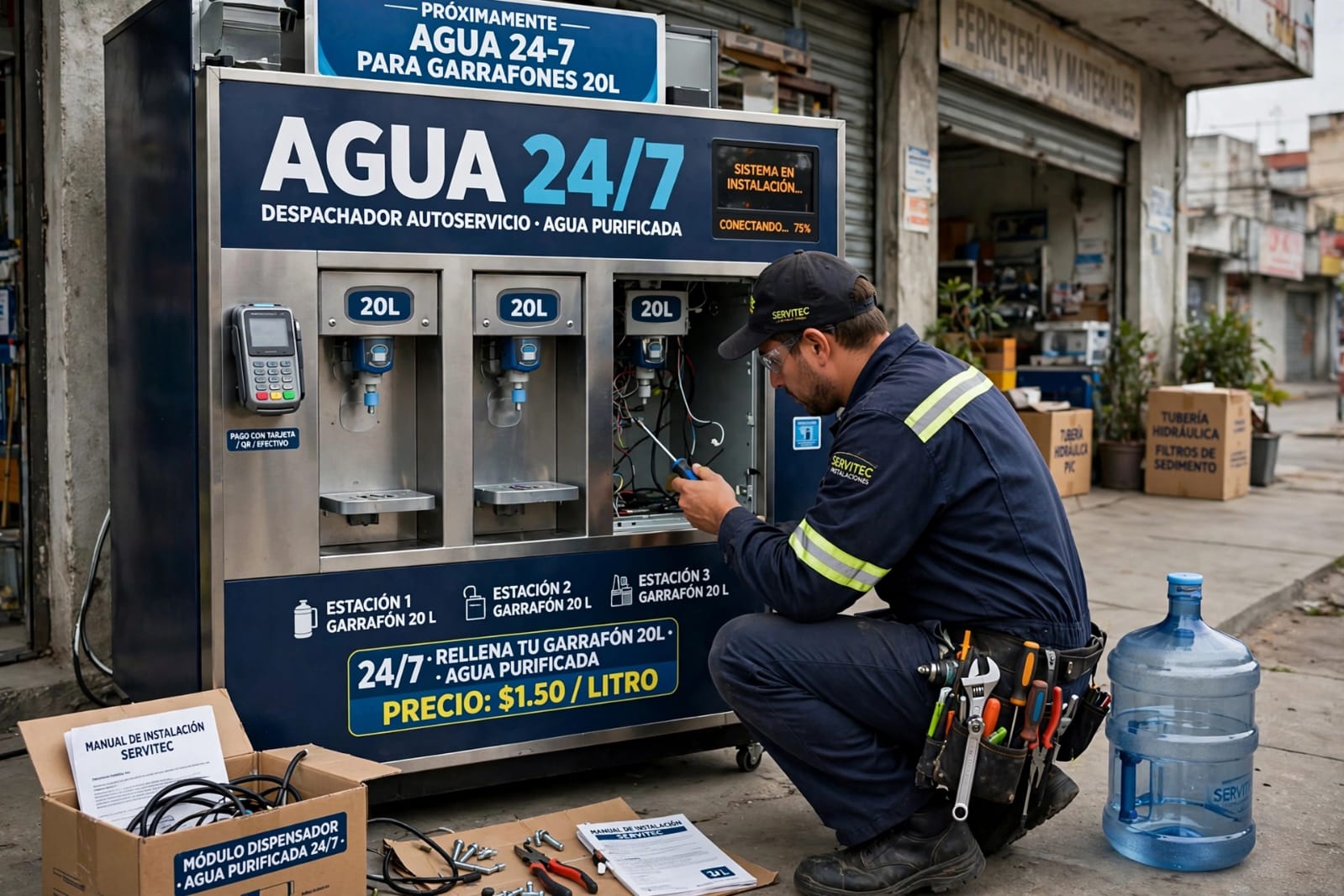 Técnico instalando una Estación Nuvem de agua purificada 24/7 en una comunidad